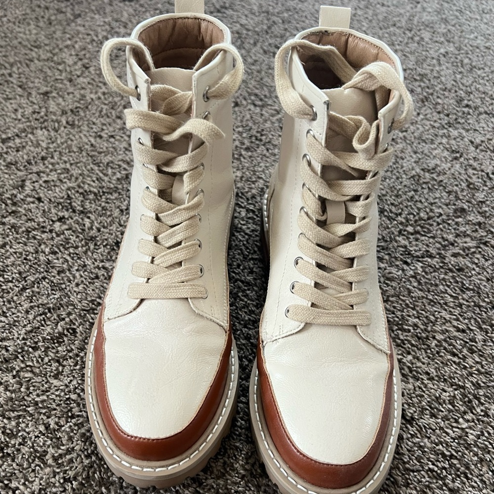 Women’s Cream and Brown High-Top Shoes/boots.  Purchased from the buckle.
